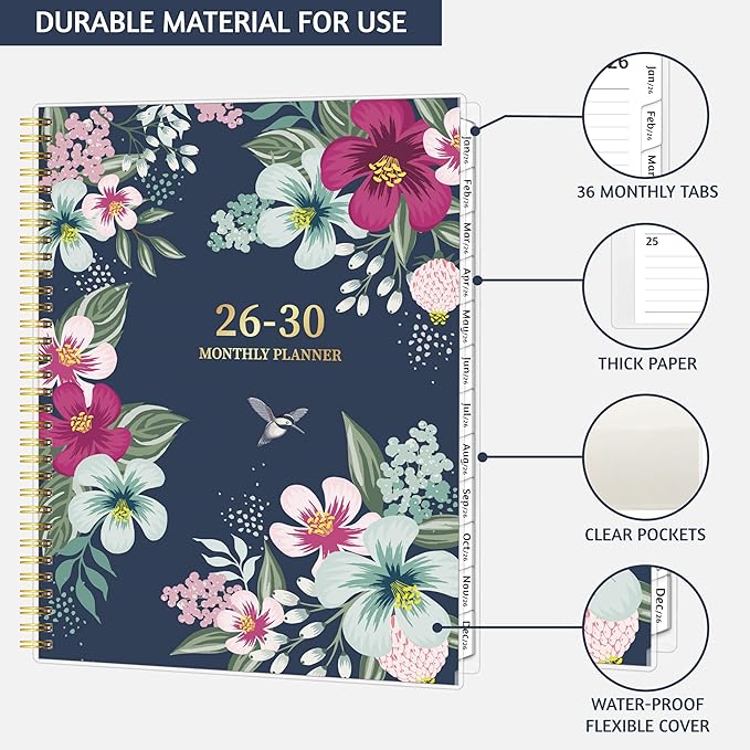 Monthly Planner 2026-2030, 5-Year Calendar Planner 2026-2030, Jan 2026 – Dec 2030, 8.5 x 11 In, Ruled Spread, Flexible Cover, Spiral Wirebound, Pocket, 60 Coated Monthly Tabs, Notes ＆ Habit Tracker, A4 Planner