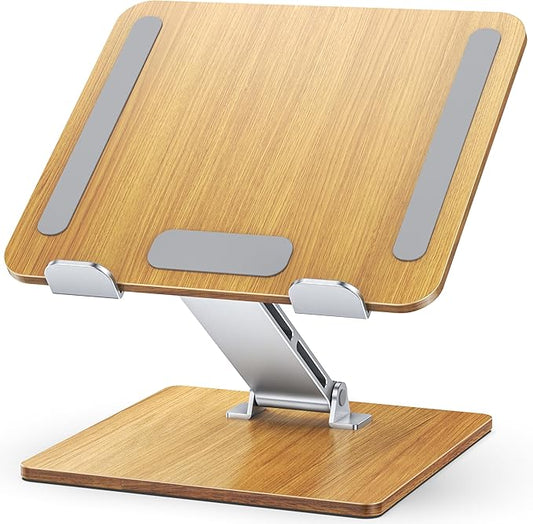 Wood + Aluminum Laptop Stand, Adjustable Height Ergonomic Laptop Riser Holder Mount, Portable Computer Notebook Stand for Desk, Compatible with MacBook Pro/Air, HP, Dell 10-16" (Walnut Grain)