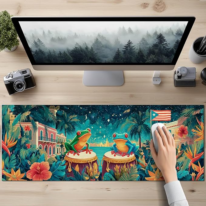 Large Mouse Pad Gaming Mousepad 31.5 x 11.8 Inch Keyboard Desktop Mat Diatomite XL Mouse Pad for Home and Office Desk Accessories with Tropical City Drum Frog Artwork and Smooth Diatomite