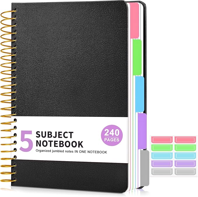 5 Subject Notebook College Ruled, A5 Hardcover Spiral Notebook with Removable Pocket Dividers Tabs, 240 Pages Lined Spiral Journal Notebook for Women, 6x8.5 Notebooks for Work School Note taking Black