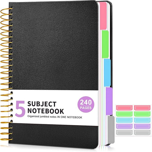 5 Subject Notebook College Ruled, A5 Hardcover Spiral Notebook with Removable Pocket Dividers Tabs, 240 Pages Lined Spiral Journal Notebook for Women, 6x8.5 Notebooks for Work School Note taking Black