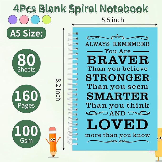 4Pcs Blank Spiral Notebook,Inspirational Gifts A5 Hardcover Sketch Book,Art Sketchbook for Drawing, Unlined, Plain Sketch Book for Women Men Work Writing,160 Pages (4, Blank Page mix light)
