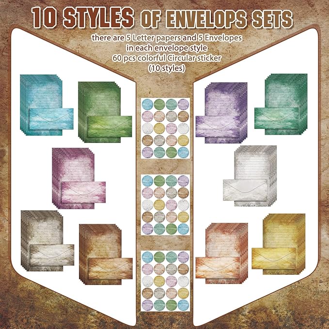 TaoBary 160 Pcs Stationery Paper Set 50 Double Sided Stationery Paper with 50 Matching Envelope and 60 Round Dot Sticker, 10 Design (Vintage Colors,8.5 x 11 Inch)