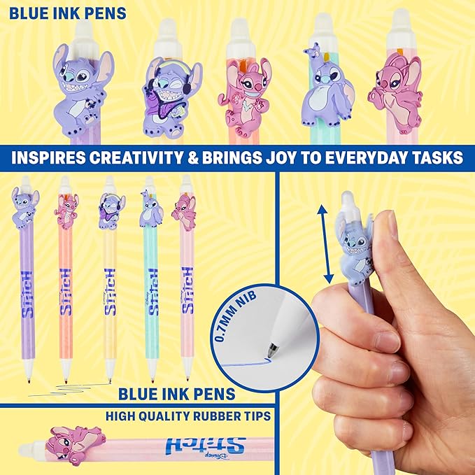 Get Trend Disney Stitch 5pcs Erasable Gel Ink Pens and Angel Cute Writing Pens for Kids Fun Stationery Set Kawaii Journaling Supplies Cool Pen Gifts for Kids (Stitch & Angel)
