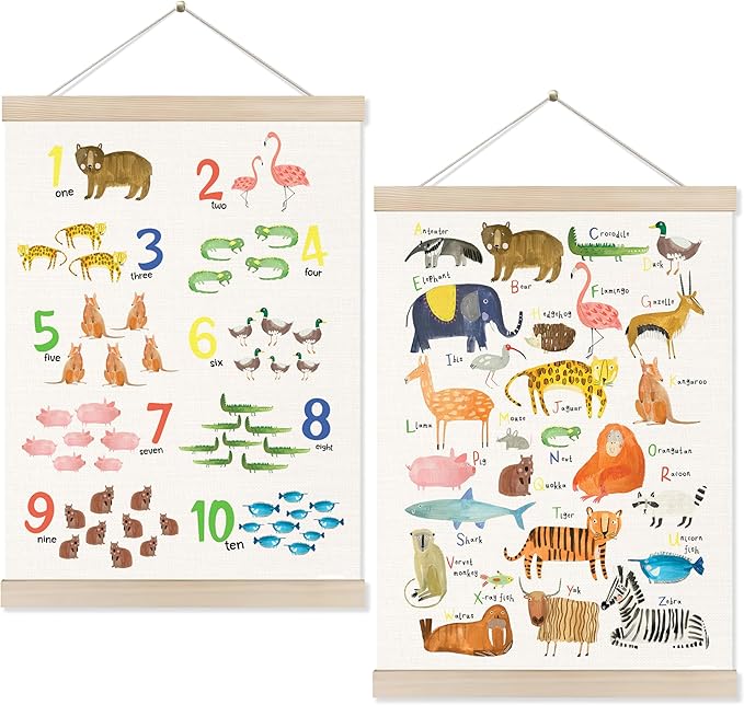 Koesus Animal Alphabet Numbers 1-10 Wall Art Poster Hanger Frame 12x16 Inch Set of 2, Educational Canvas Pictures Prints Framed Wall Decor for Toddler Kids Room Nursery Preschool Classroom Playroom