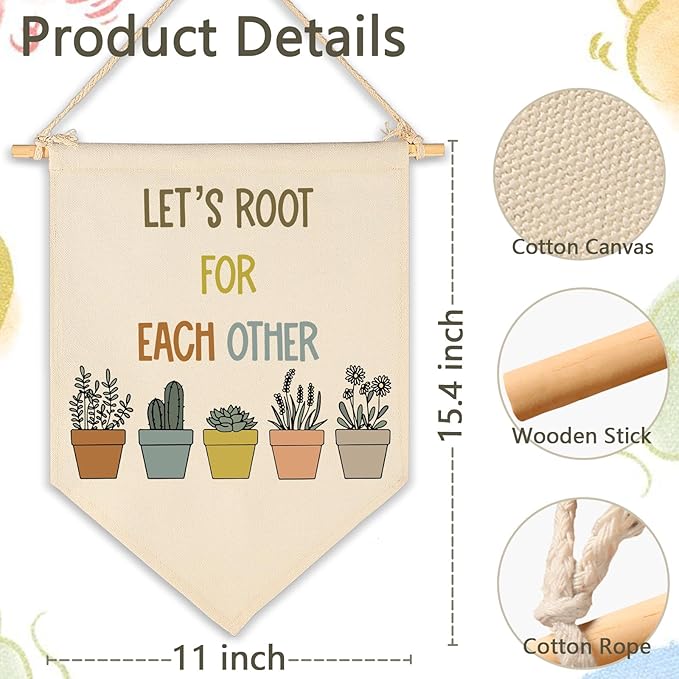 Classroom Canvas Banner Decor-Positive Affirmations Green Wall Flag Decor-Greenery Plant Classroom-Let's Root for Each Other-Nature Education Wall Art Hanging Pennant