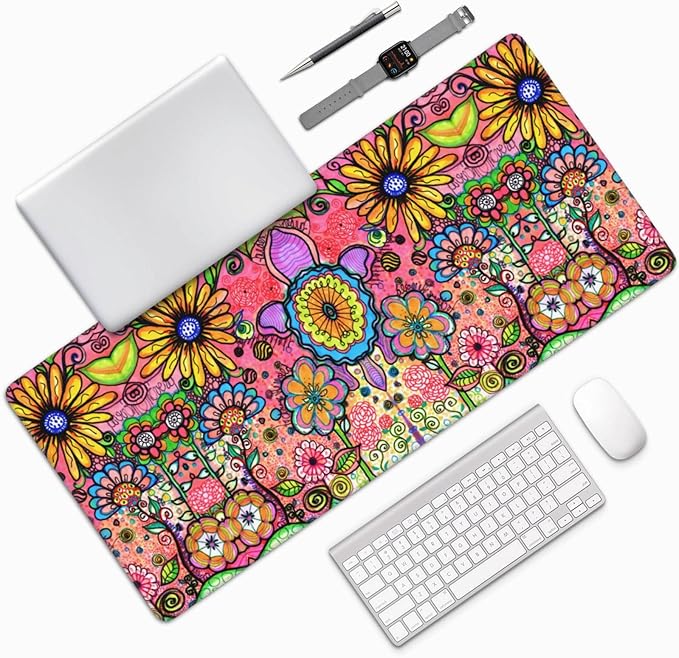 Extra Large Mouse Pads Hippie Flowers XXL Extended Mousepad with Stitched Edges Non-Slip Rubber Base Computer Keyboard Pad Desk Mat for Home Office Desk Decor, 35.4" X 15.7"