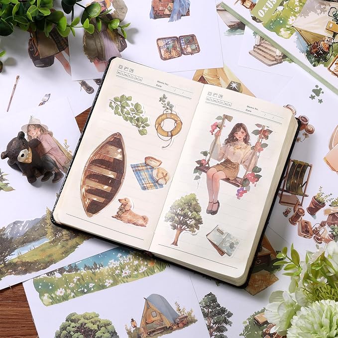 50 Sheets Outdoor Scrapbooking Camping Stickers 200 Pre-Cut Washi Stickers Camping Sticker Scrapbook Supplies Collage Decorative DIY Arts Craft Making
