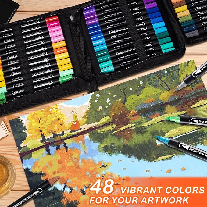 TANMIT 48 Colors Acrylic Paint Pens, Dual Tip Acrylic Paint Markers with Brush Tip and Fine Tip, Acrylic Pens for Rock Painting, Wood, Canvas, Stone, Glass, Ceramic,DIY Crafts Making Art Supplies