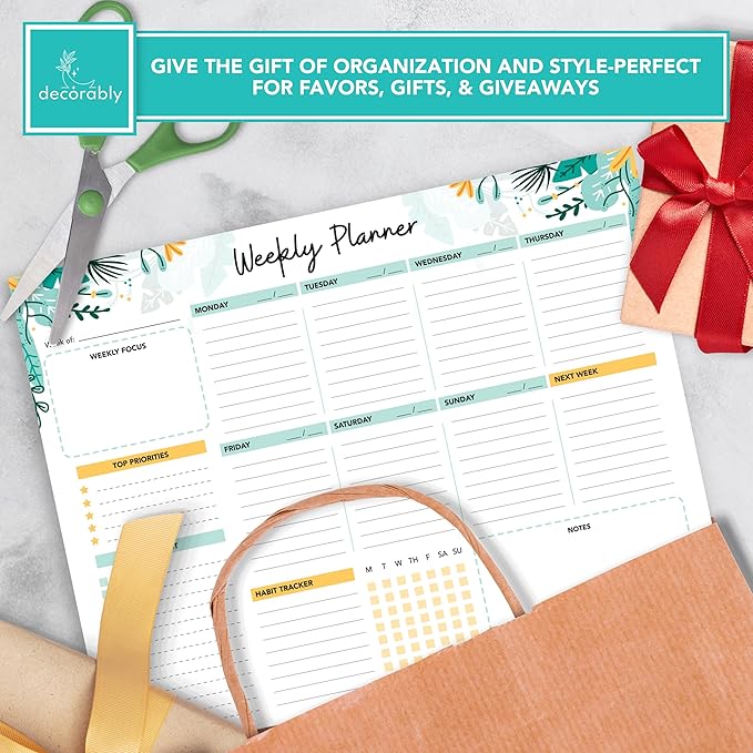 Decorably 52 Sheets Mint Green Undated Weekly Planner Notepad - 6.5x10in Spring-Bound Pad, for Focus, Priorities, to-Do List, Habit Tracker, Agenda, Notes - Home, School, Office