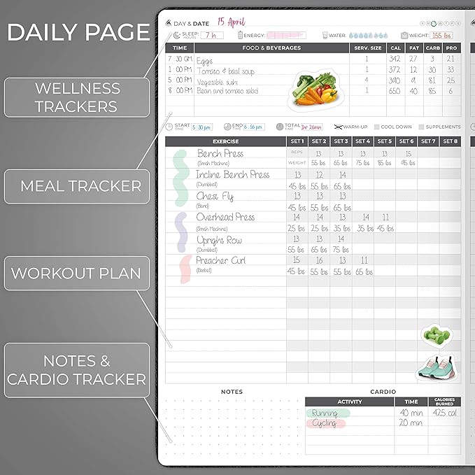 Clever Fox Fitness Journal PRO – Daily Workout Planner with Meal Planner & Habit Tracker – Gym Exercise Log Book for Women & Men – Fitness Planner Notebook – Lasts 6 Months, 7x10” - Black