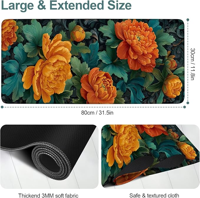 Retro Flower Extended Gaming Mouse Pad 31.5x11.8inches Large Desk Mat Anti-Slip Rubber Base & Durable Stitched Edges for Gamers Smooth Mouse Writing Surface for Desk Office/Home