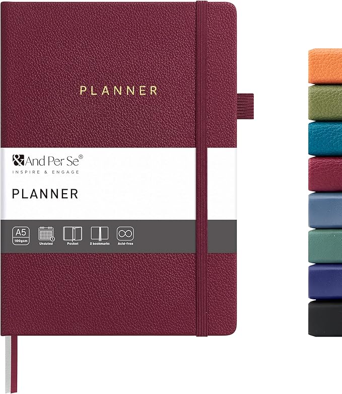 And Per Se Undated Planner – A5 Leather Hardcover Weekly & Monthly Goal Planner for 72 Weeks (1.5 Years) – with Goal & Habit Tracker (Dark Red)