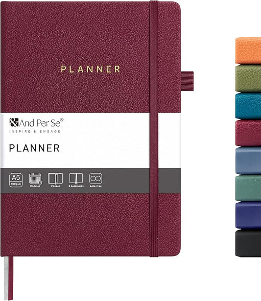 And Per Se Undated Planner – A5 Leather Hardcover Weekly & Monthly Goal Planner for 72 Weeks (1.5 Years) – with Goal & Habit Tracker (Dark Red)