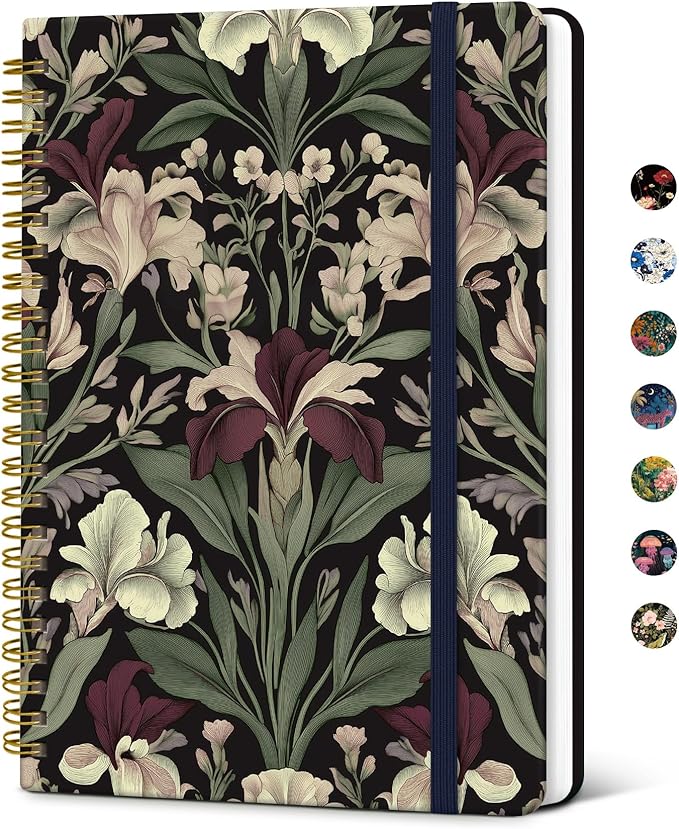 Taja Spiral Journal Notebook for Women, Pretty Hardcover Lined Notebook for Work & Note Taking, Aesthetic Cute Journal for Writing, 140 Pages, 5.8"x8.3", Dark Botanica