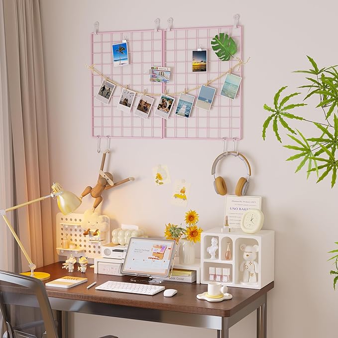 C&AHOME Photo Wall Display Set of 2, Grid Panel with Hooks, Clips, Hemp Cord, Hammer - 15.7" x 11.8", Pink UWWGM3402P
