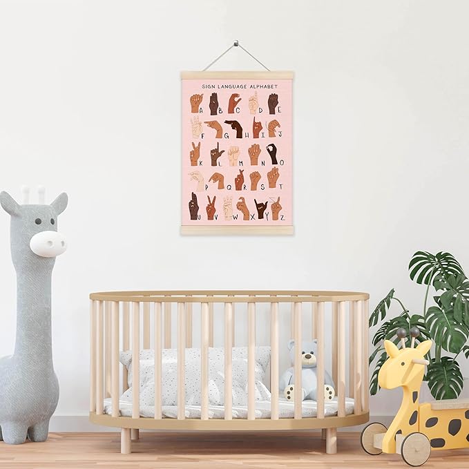 Koesus Sign Language Alphabet Wall Art Poster Hanger Frame 12x16 Inch, Special Education Poster, Educational Canvas Pictures Prints Framed Wall Decor for Classroom Kid Nursery Bedroom Playroom