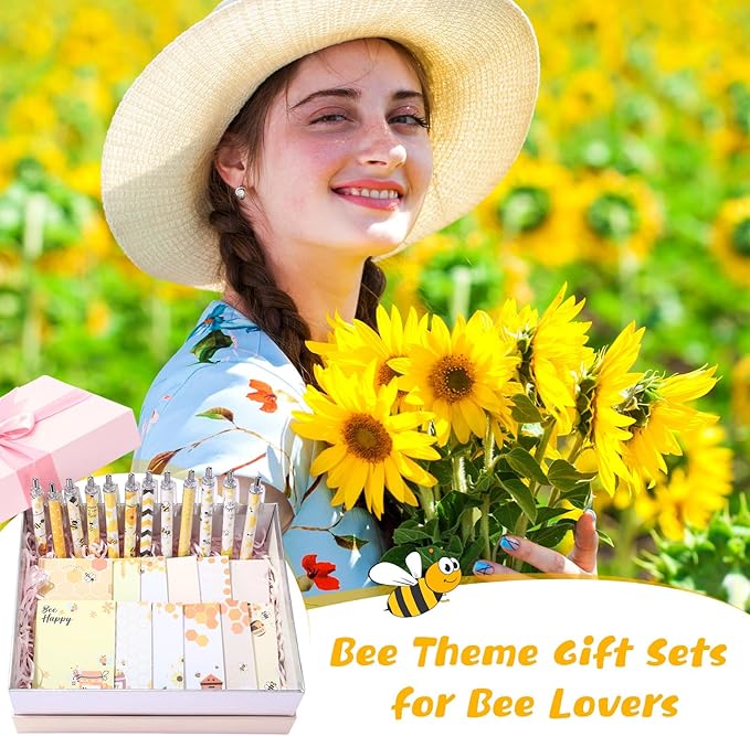 48 Pcs Bee Sticky Notes with Pens Bee Theme Stationery Set Cute Note Pads Adesive Memo Notes Honey Pattern Black Ink Ballpoint Pens for School Office Home Supplies Students Teachers Christmas