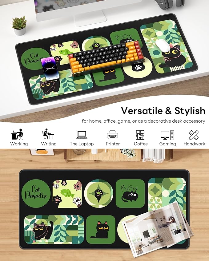 XL Gaming Mouse Pad, 31.5x17.5'' Large Desk Mat with Anti-Slip Rubber Base & Stitched Edges for Gaming, Office, Home - Cute Kitty