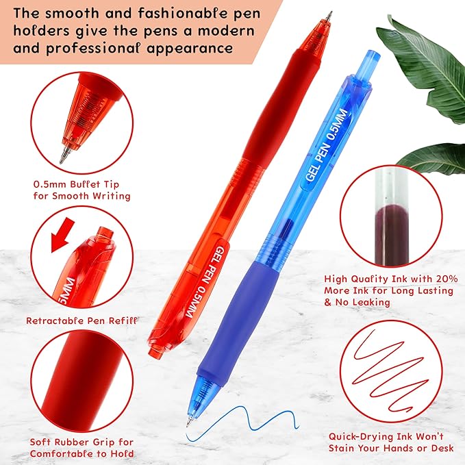 USUAL Gel Pens 0.5 mm,12 Pack Retractable 6 Color Ink Pen Fine Point Rollerball Pens,Quick Dry Smooth Writing,No Bleed for Journaling Note Taking, Home School Office Supplies