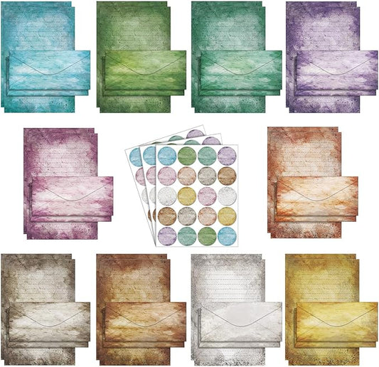 TaoBary 160 Pcs Stationery Paper Set 50 Double Sided Stationery Paper with 50 Matching Envelope and 60 Round Dot Sticker, 10 Design (Vintage Colors,8.5 x 11 Inch)