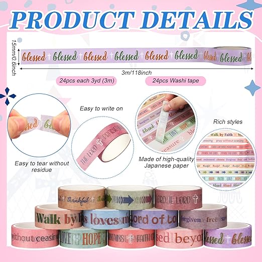 Janlaugh 24 Rolls Christian Washi Tape Gifts Bulk Religious Inspirational Scripture Prayer Supplies Bible Verse Tape for Bible Study Journaling Crafting Valentine's Day Women Gifts