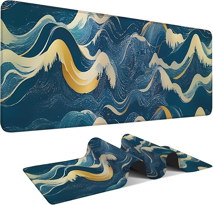 Abstract Waves Extended Mouse Pad XL 31.5"x11.8" – Elegant Blue Gold Desk Mat – Non-Slip Rubber Base, Stitched Edges