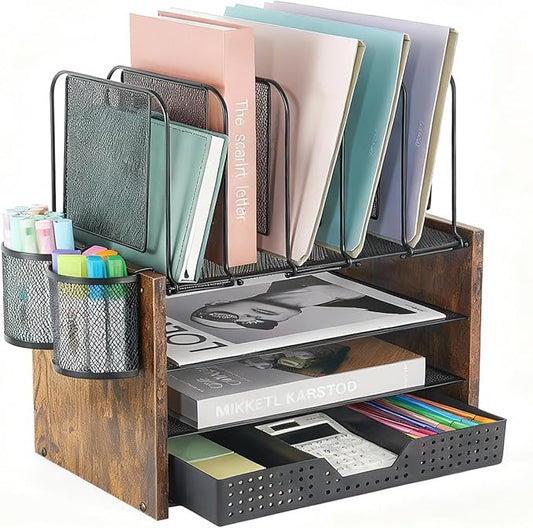 AUPSEN Desk Organizer Shelf, 4-Tier Mesh Wood Desktop Bookshelf File Organizer with 5 Vertical File Holders, Storage Drawer & 2 Pen Holders, Office Supplies Storage for Workspace Organizers