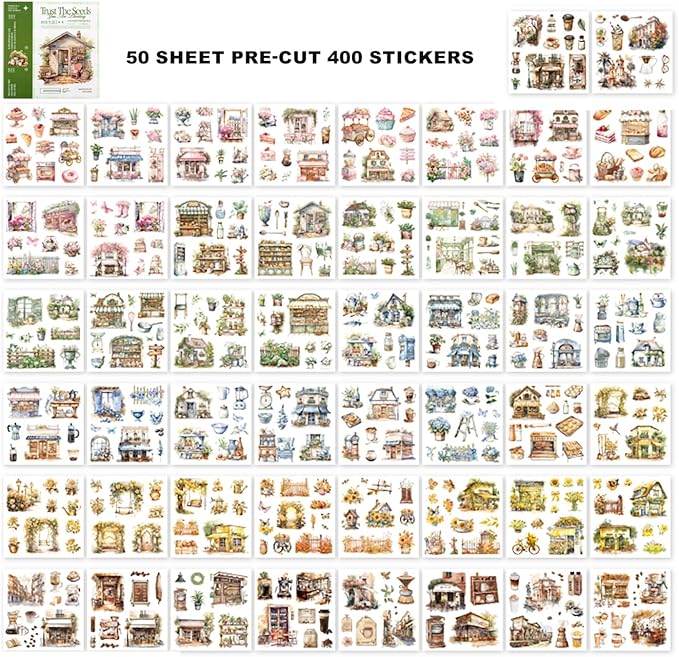 Garden Scrapbook Stickers 50 Sheets journaling Sticker 400 Pre-Cut Washi Stickers Scrapbooking Supplies Collage Decorative DIY Arts Craft Making