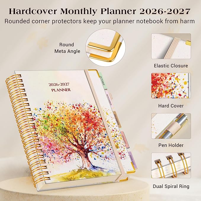 Planner 2026-2027, 18 Months Weekly and Monthly Daily Planner from January 2026 - June 2027, 8.5" x 11" A4 Large Hardcover Agenda Organizer Book 2026 with Tabs, Spiral Yearly Calendar Planners for School Work Home, Colorful Tree of Life