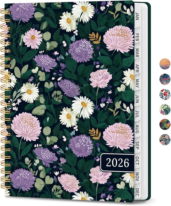 2026 Planner, Weekly and Monthly Calendar Planner for Women, Jan 2026 - Dec 2026, Hardcover Planning Agenda book with Tabs, Spiral Bound, Inner Pocket, Perfect for School Office Supplies, 6.3" x 8.5" - Wild Asters