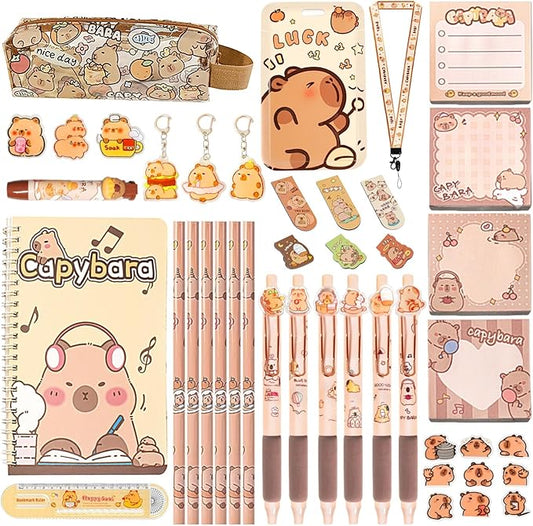 Cute Capybara School Supplies Capybara Stationery Set Includes Gel Pens Pencil Eraser A5 Notebook Stickers ID Badge Holder Ruler Kawaii Birthday Christmas Gifts for Office School Supplies
