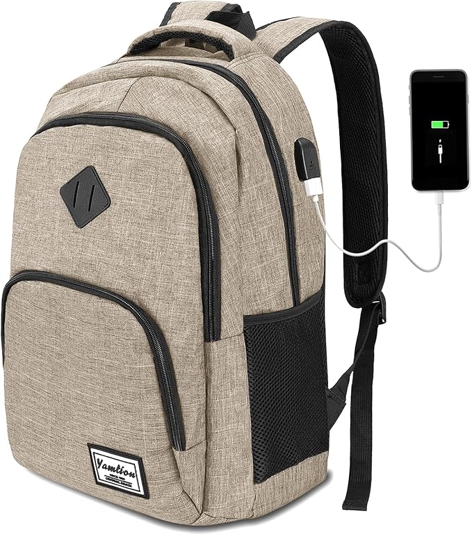 YAMTION School Backpack with USB Charging Port for Laptop College Travel Work Office Teens Beige Beige 15.6 Inches
