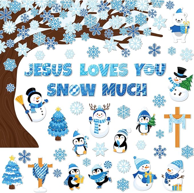 Zonon 114 Pcs Winter Bulletin Board Decorations Christmas Religious Christian Bulletin Board Set Snowflake Snowman Tree Jesus Loves You Snow Much Cutouts Winter Classroom Decorations for School Wall