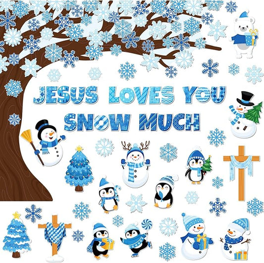 Zonon 114 Pcs Winter Bulletin Board Decorations Christmas Religious Christian Bulletin Board Set Snowflake Snowman Tree Jesus Loves You Snow Much Cutouts Winter Classroom Decorations for School Wall