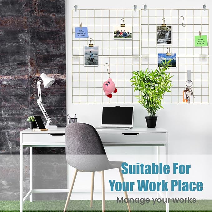 Metal Grid Wall Panel, Wire Grid Photo Display Organizer, 17.3"×11.8" Gold Wire Board Grid Wall, Grid Picture Frame, 2-Pack Wire Mesh Memo Board with Clips and Hooks