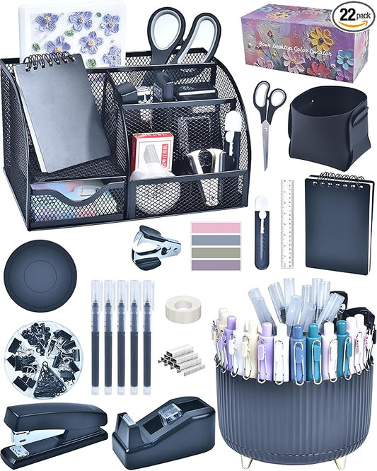 Black Desk Accessories and Organizers with Desk Organizer and 360°Rotating Pen Holder stapler Pen and a Lot of Office Black Office Supplies Beautifully Presented in a Gift Box