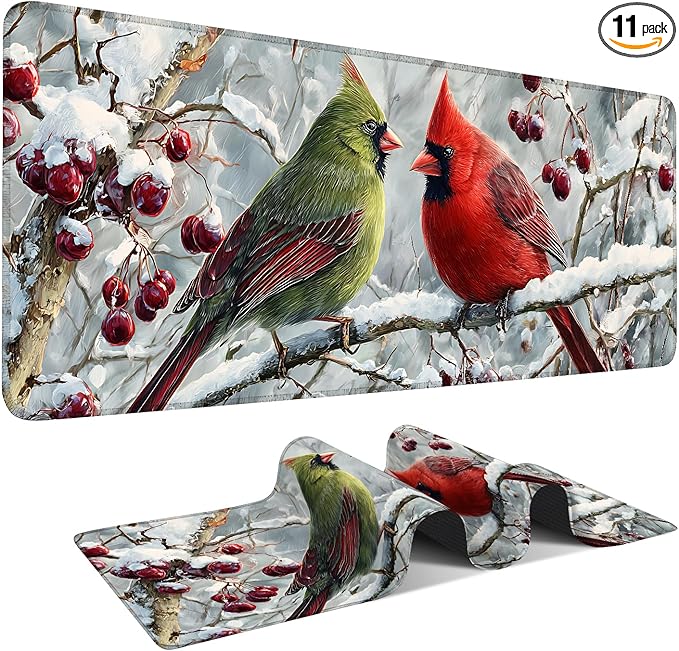 Christmas Bird Extended Gaming Mouse Pad 31.5x11.8inches Large Desk Mat Anti-Slip Rubber Base & Durable Stitched Edges for Gamers Smooth Mouse Writing Surface for Desk Office/Home