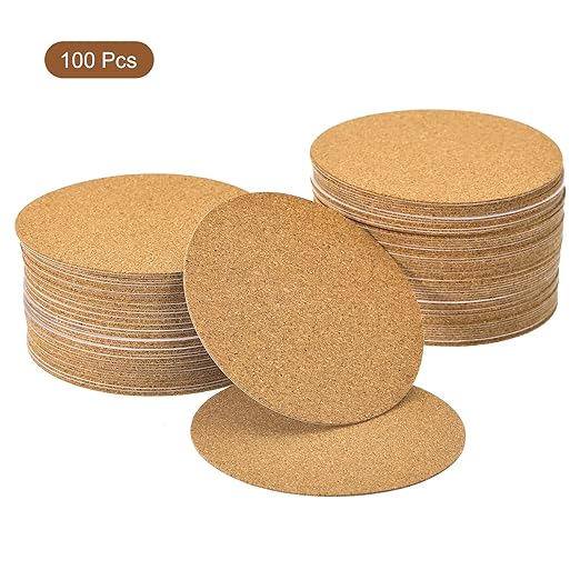 UXCELL 100 Pcs Self-Adhesive Cork Round, 4" x 4" Cork Tiles Backing Sheets for DIY Crafts, Brown