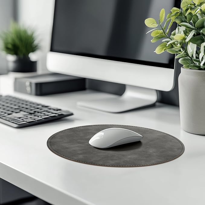 Mouse Pad，Round Mouse Pad，PU Mouse Pad，Leather Mouse Pad with Stitched Edge Micro-Fiber Base with Non-Slip Waterproof，Mouse Pad for Computers，Laptop，9 x 9 Inch (Gray)