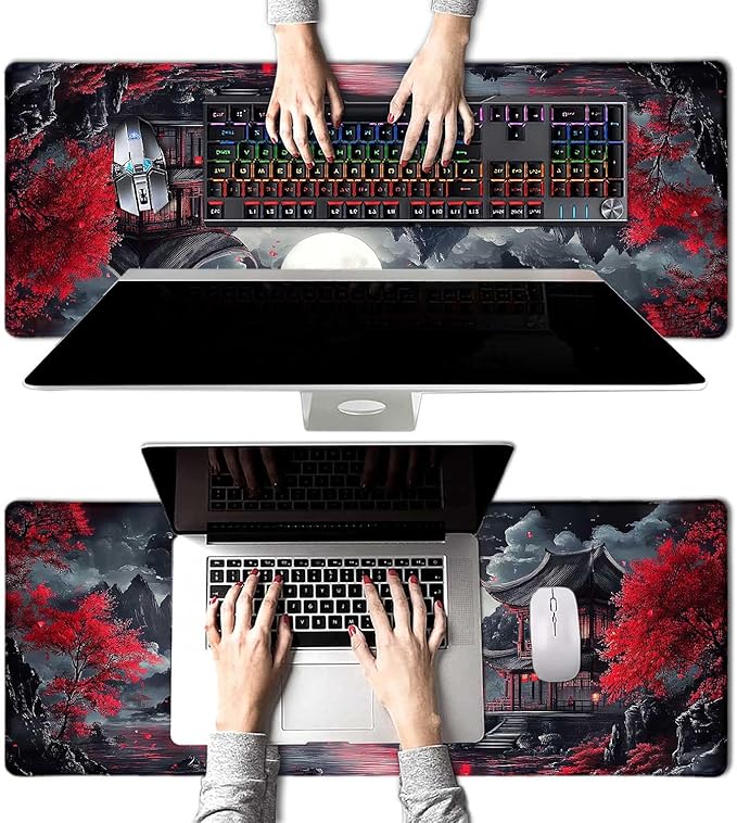 Japanese Mountain Red Full Moon Landscape Large Mouse Pad, Desk Mat Computer Keyboard Pad Non-Slip Rubber Base Waterproof with Stitched Edges for Laptop Gaming, Office & Home 31.5 x 11.8 Inch