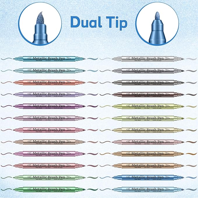 Prudiut 24 Pack Metallic Markers Set, Dual Tip Paint Pens for Crafts, Acrylic Markers for Black Paper & Rock Painting, Holiday Crafts & Valentine's Day Gift for Artist, Scrapbooking Supplies