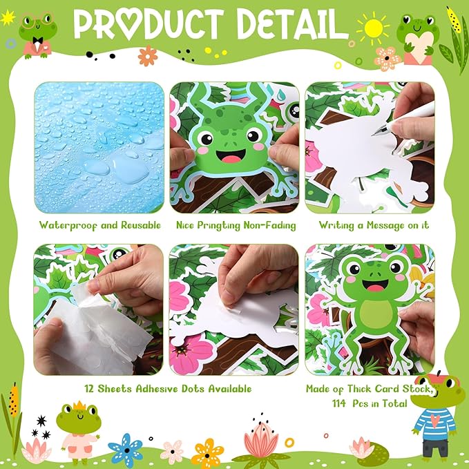 Zonon 113 Pcs Summer Frog Cutouts Bulletin Board Decorations Back to School Classroom Decorations Green Frog Cutouts with Glue Points for School Kids Office Chalkboard Passover Party Supplies