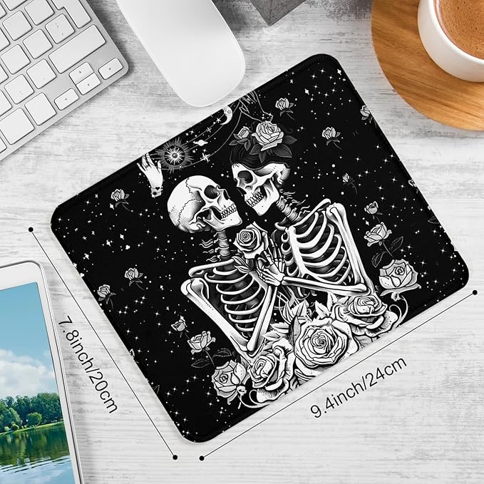 Skull Skeleton Love Square Mouse Pad, Non-Slip Rubber Base Mouse Pad,Home Office Decoration Desktop Accessory,Laptop Mouse Pad for Office Laptops,9.4x7.8x0.12inch.