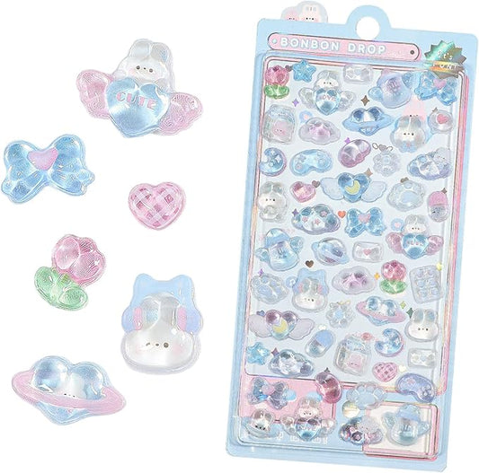 3D Cute Cartoon Blue Puff Stickers - Kawaii Rabbit Love Heart Mini Puffy Stickers Reusable Resin Decorative Decals for Scrapbooks Planner Journals Laptops Phone Case Decor