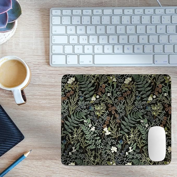 Vintage Dark Green Plant Mouse Pad,Green Fern Leaves Botanical Desk Mat, Wildflower Garden Aesthetic Mouse Pad for Dorm Home Office Desktop Decor,10.2x8.2Inch