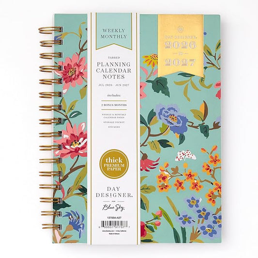 Blue Sky Day Designer 2026-2027 Weekly and Monthly Academic Year Planner Calendar, July 2026 - June 2027, 5.875" x 8.625", Flexible Cover, Laminated Tabs, Storage Pocket, Includes Stickers and 30 Extra Sheets of Notes, Climbing Floral Mint
