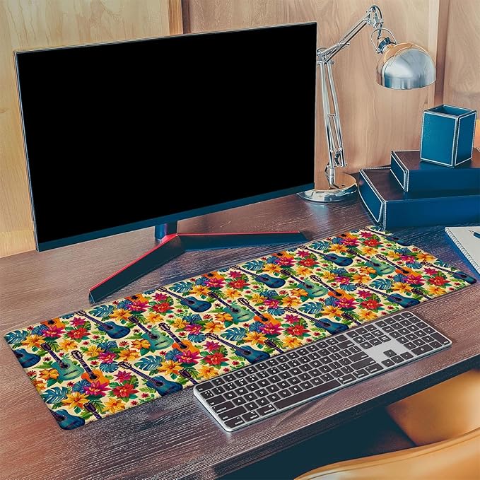 Colorful Guitar Gaming Mouse Pad, Extended Tropical Floral and Leaves Desk Mat Computer Laptop Mousepad, Robust Stitched Edges, 31.5"×11.8" Large Office Keyboard Mouse Pads for Desktop Decor