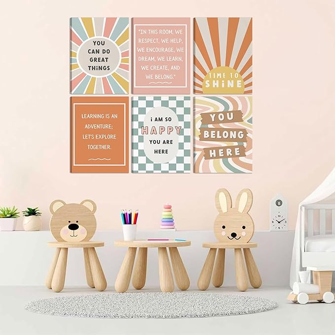 6Pcs Boho Inspirational Canvas Wall Art Positive Affirmations Growth Mindset Posters Wall Decor Pictures Modern Classroom School Posters Wall Prints for Children's Room nursery School 8x10in