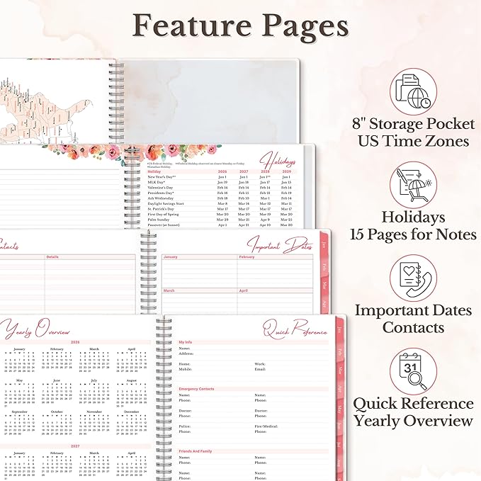 CRANBURY Large Planner 2026, 8.5x11 Weekly Monthly Calendar Agenda, from Jan to Dec Daily Organizer, Floral Theme, Spiral Bound Planner with Tabs